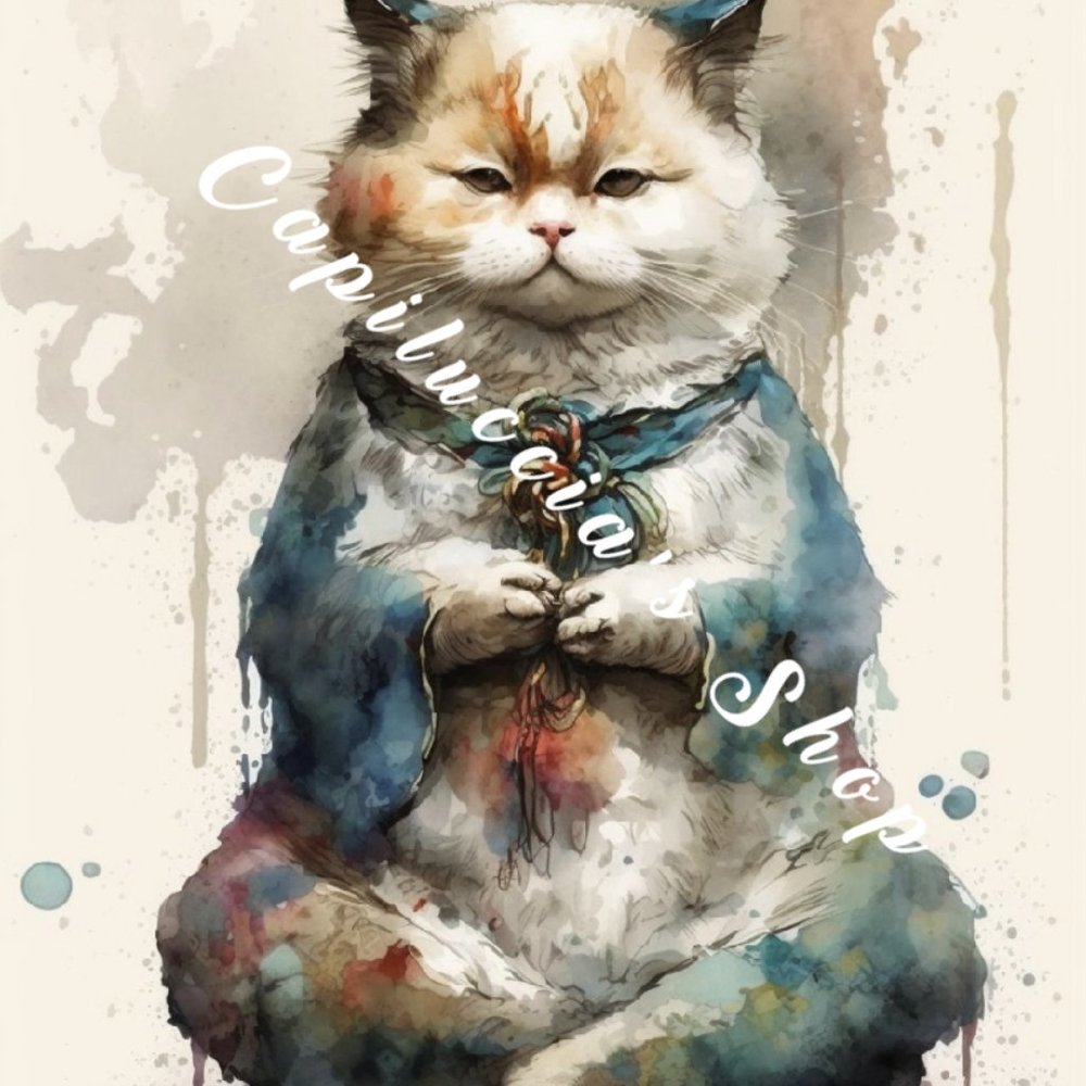 Meditating cat water paint color portrait picture poster